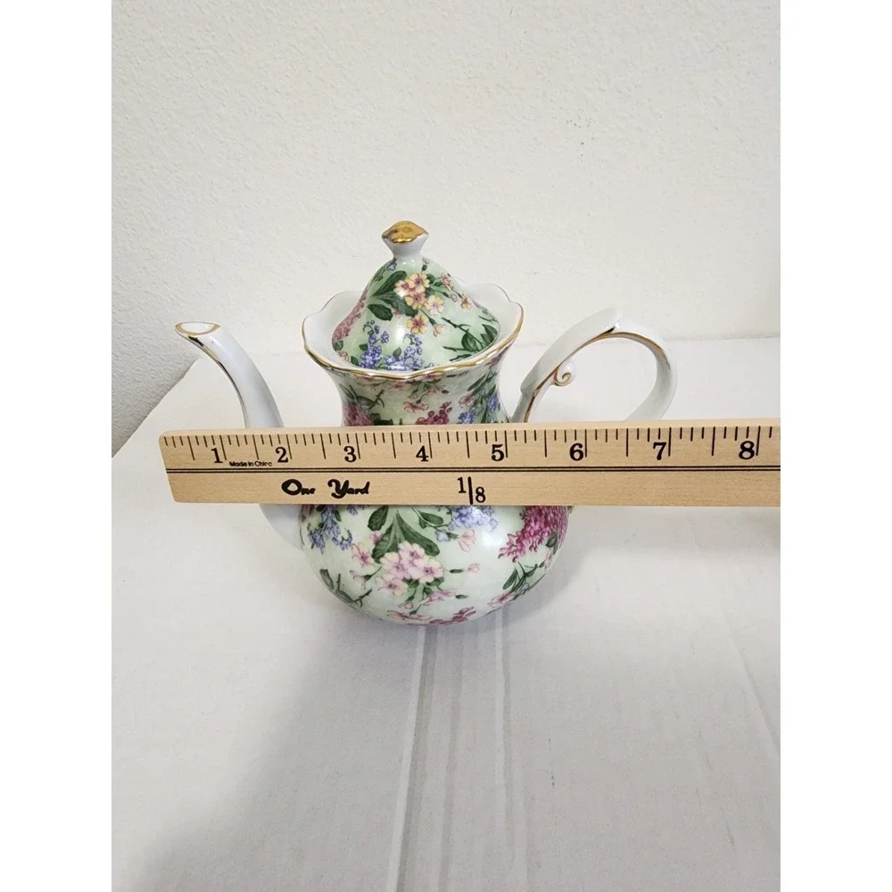 Victoria's Garden Floral Porcelain Teapot Gold Trim Pink Purple Flowers 6